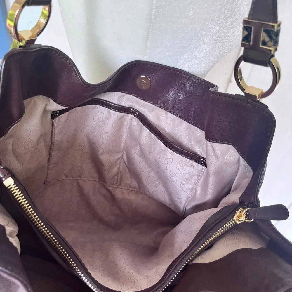 Michael Kors Matilda Brown Leather Shoulder Bag Python Embossed Accents Gold (T)